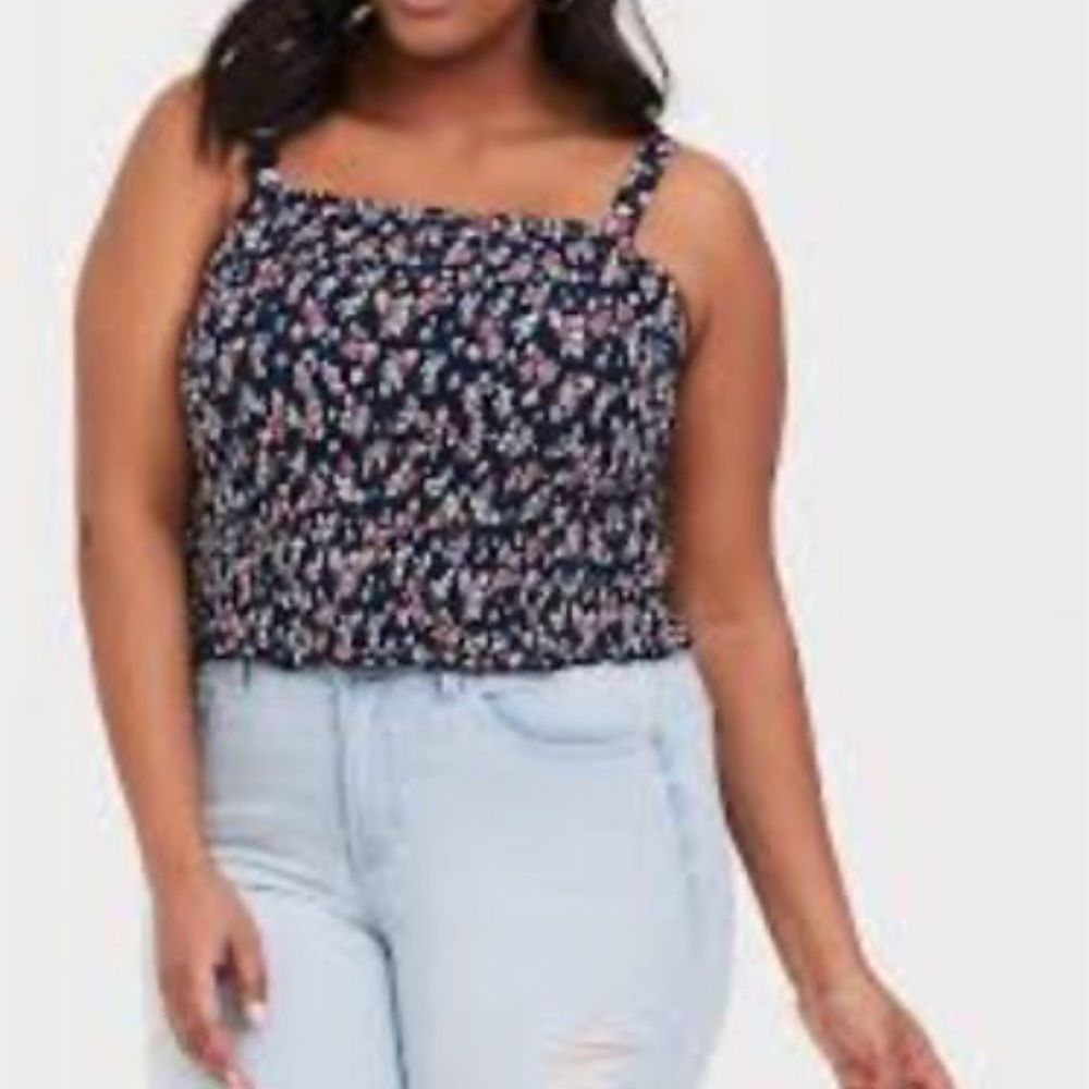 Torrid Women's Size 0 Large 12 Navy Blue Floral Challis Smocked Crop Top Cami